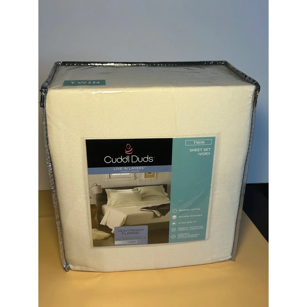 Cuddl Duds Twin Heavyweight Flannel Sheet Set Ivory 100% Cotton 3CUSFLSSSDTW